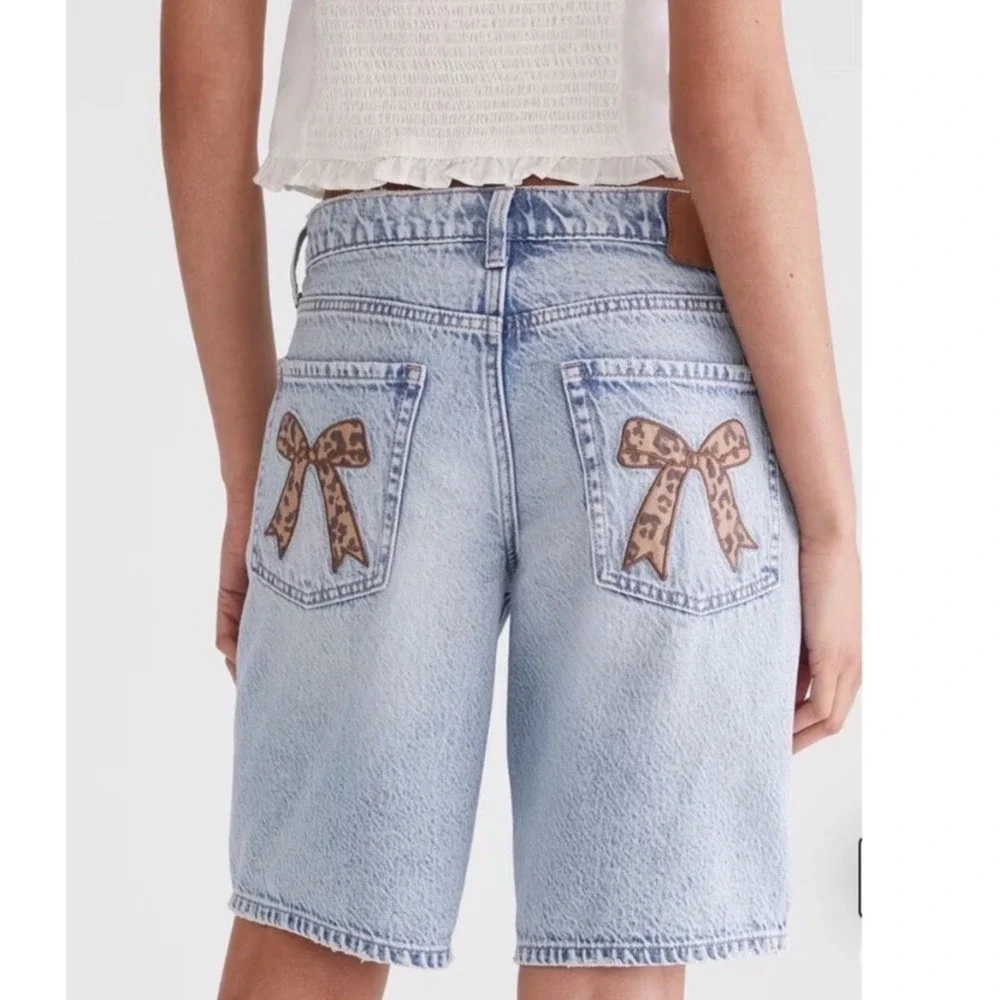 Aeropostale Baggy Jort Light Wash Denim Shorts Leopard Bow Back Pocket Womens 2